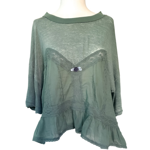NEW Free People Fall In Love Lace Ruffle Tee Washed Army Green Womens Size M NWT - Picture 3 of 17